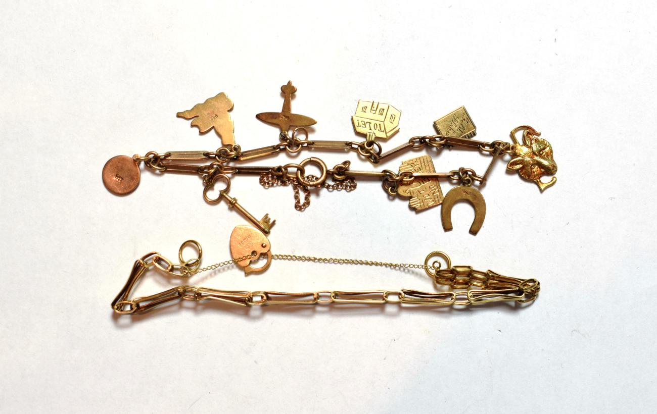 Lot 140 - A 9 carat gold gate link bracelet, length 18.5cm; and a charm bracelet stamped '9C', length 20cm