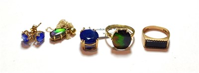 Lot 143 - A 9 carat gold onyx ring, finger size L1/2; a 9 carat gold gem set pendant on chain, chain...