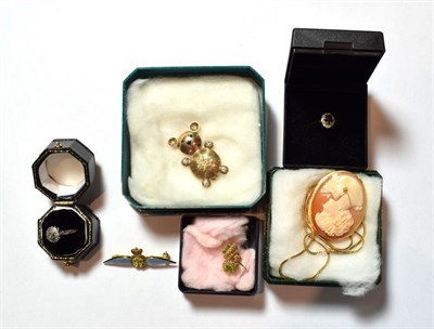Lot 155 - A sapphire, diamond and split pearl teddy bear brooch, stamped '375', length 3.5cm; a 9 carat...