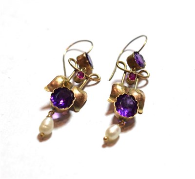 Lot 167 - An Arts & Crafts style pair of amethyst, ruby and cultured pearl drop earrings, stamped '9CT'