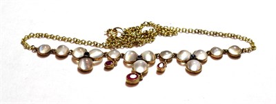 Lot 168 - An Arts & Crafts style moonstone, sapphire and ruby necklace, length 40cm