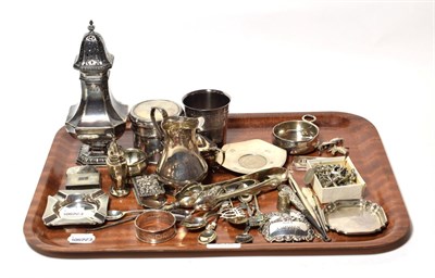 Lot 210 - A collection of assorted silver, including a wine-taster with snake cast handle; a caster on...