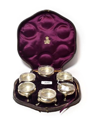 Lot 220 - Three pairs of George II and George III silver salt-cellars, maker's mark rubbed, London, 1750,...