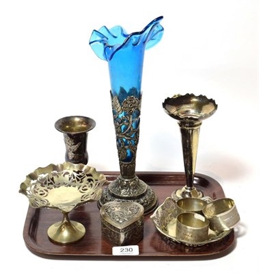 Lot 230 - A group of silver and silver plate, including: a silver-plated vase with blue glass liner; a silver