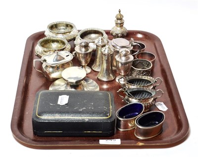 Lot 249 - A group of assorted silver condiment and other items, including: a cased pair of silver-mounted...