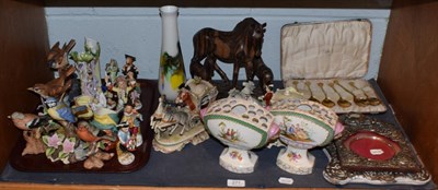 Lot 271 - Two silver mounted mirrors; burr yew fruit bowl; Continental style monkey figures, etc