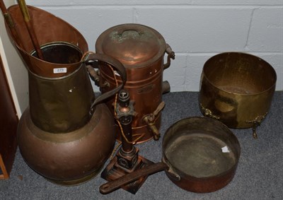 Lot 275 - Copper pan, lamp, two hunting horns, jug etc