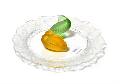 Lot 288 - A glass floral decorated Shallow dish inscribed 'Lalique, France' and two glass ducks inscribed...