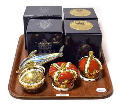 Lot 293 - Four Royal Crown Derby Imari paperweights: three crown form commemorative examples; and a...