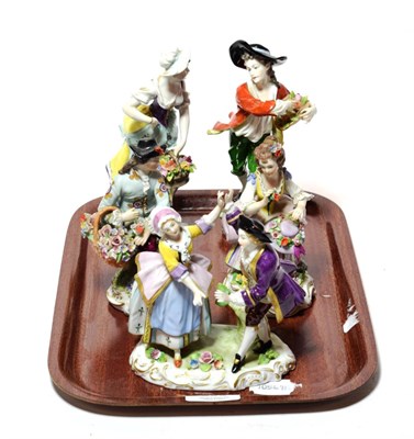 Lot 303 - A pair of Sitzendorf figures of a lady and gentleman; a Sitzendorf figure group of dancers; and...