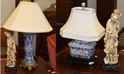 Lot 320 - Two 20th century Chinese blue and white vases mounted to table lamps; and two resin figures,...