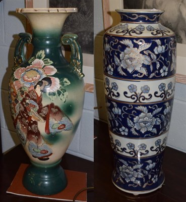 Lot 325 - A large Oriental 20th century blue and white vase, together with a Japanese twin handled vase,...