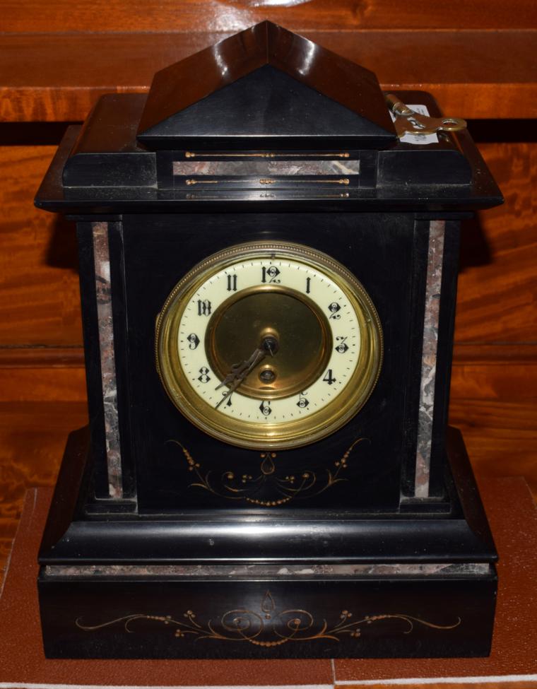 Lot 327 - A Victorian black slate and marble mantel timepiece