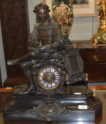 Lot 332 - A Victorian black slate spelter striking mantel clock, surmounted by a Shakespearean figure writing