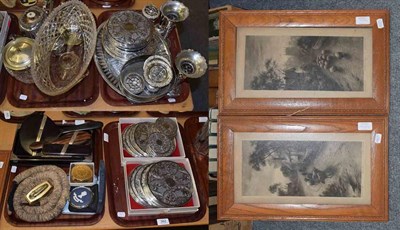 Lot 362 - A group of silver plated items; silver mounted ebony dressing table items; Ronson table...