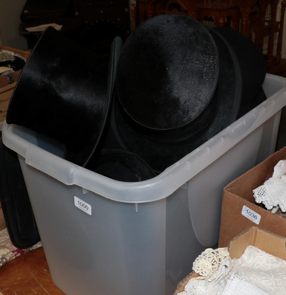 Lot 1000 - Five assorted black silk top hats, four bowler hats and another (one box)