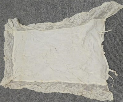 Lot 1003 - Assorted lace trimmings, Edwardian machine lace tops, linen cloth with crochet insertions,...