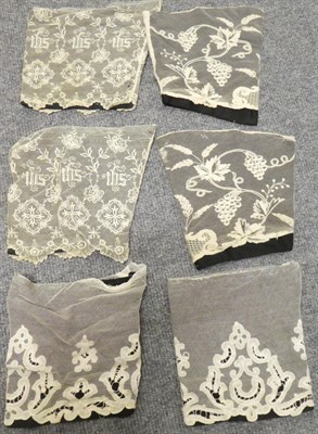 Lot 1003 - Assorted lace trimmings, Edwardian machine lace tops, linen cloth with crochet insertions,...