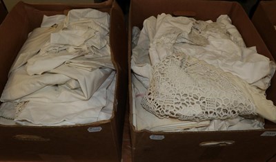 Lot 1005 - Assorted white bed and table cotton and linen, embroidered textiles etc (two boxes)