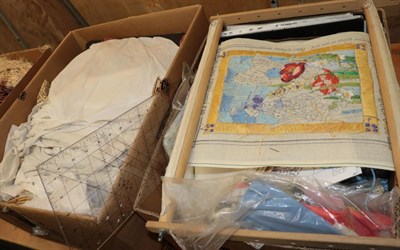 Lot 1016 - Assorted mixed linens, costume, sewing and embroidery items, embroidery patterns etc (two boxes)