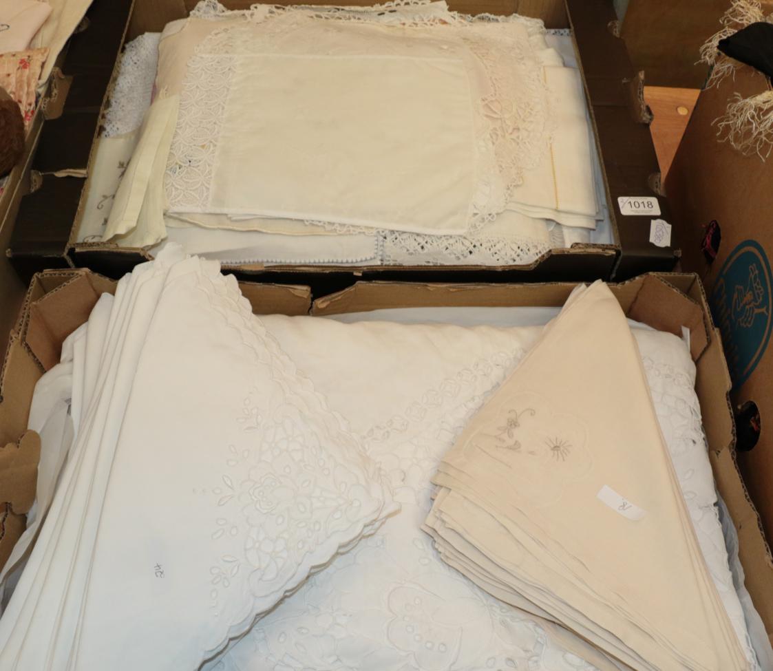 Lot 1018 - Assorted mixed table linens, including cut work tablecloth, serviettes etc (two boxes)