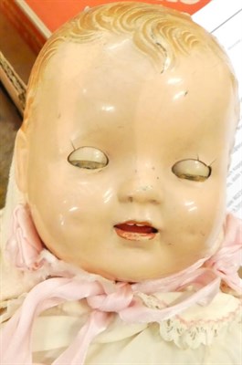 Lot 1019 - Heubach Kopplesdorf bisque head doll, AM baby doll, Merrythought monkey, various soft toys,...