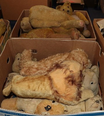 Lot 1026 - Twelve assorted mainly pre-1950 teddy bears etc, a seated lion and a pyjama case (a.f.) (two boxes)