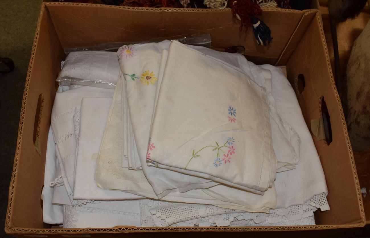 Lot 1048 - Assorted white linen and textiles, including embroidered examples etc (one box)