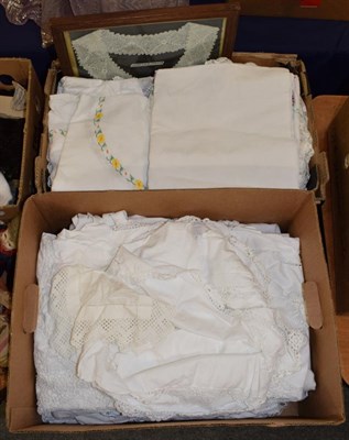 Lot 1049 - Framed Irish lace collar; embroidered and white linen; pair of blue velvet curtains (two boxes)...