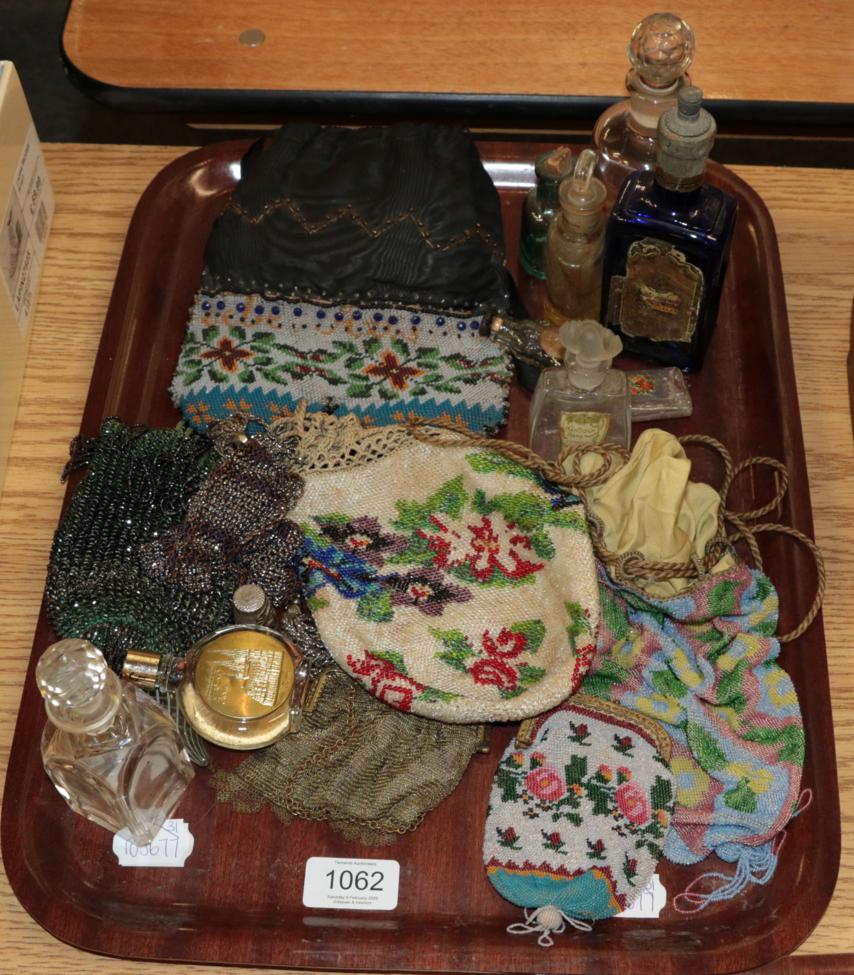 Lot 1062 - Assorted early 20th century beadwork bags, glass scent bottles etc (one tray)