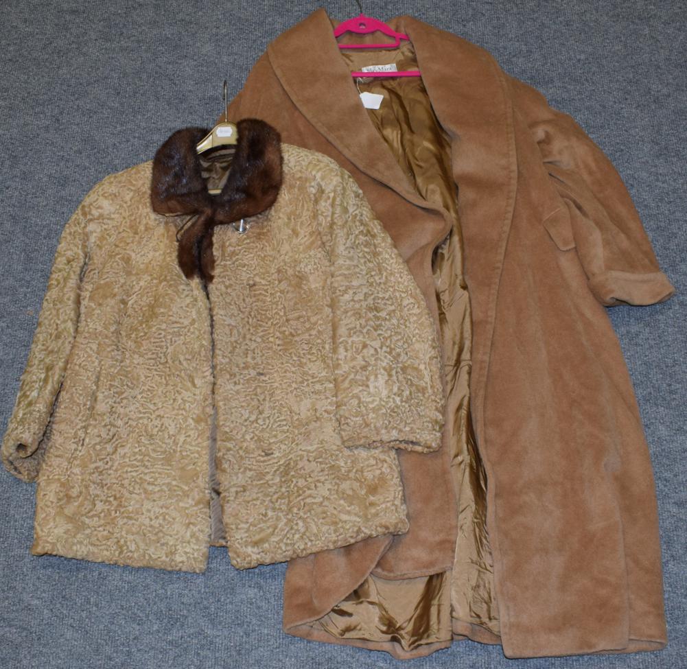 Lot 1069 - A Maxmara ladies' camel coat (size 12) together with a caramel astrakhan coat with mink collar (2)