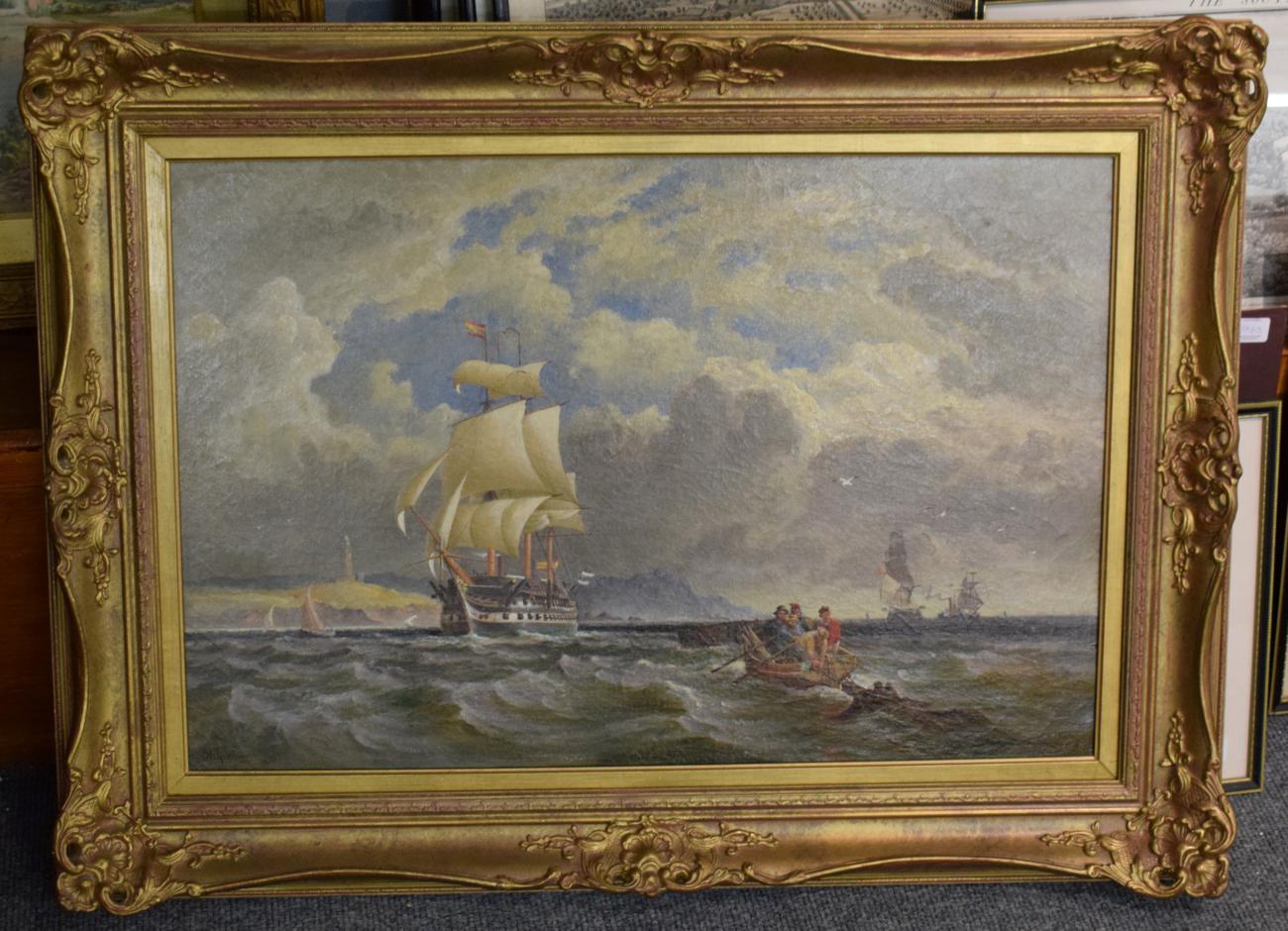 Lot 1082 - William Gibbons (fl.1858-1892), Naval frigates off coastline, signed and dated 1883, oil on canvas