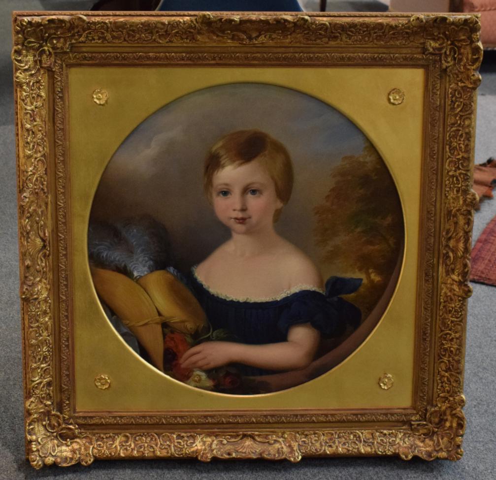 Lot 1083 - English School (mid 19th century) Portrait of a young girl in blue dress, holding a plumed hat...