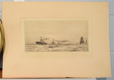 Lot 1086 - William Lionel Wyllie (1851-1931) Battle cruisers and sail ships, pencil, signed etching, 22cm...