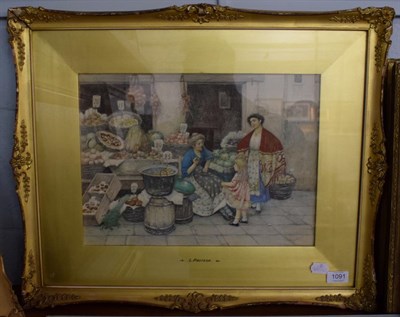 Lot 1091 - Attributed Luigi Paestega (1858-1927), ''The conversation at the market'', watercolour, 29.5cm...