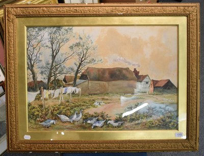 Lot 1092 - W D Guthrie, Geese before a country cottage, signed watercolour, 49.5cm by 71cm