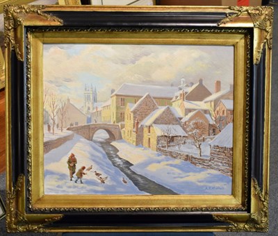Lot 1093 - A P Mullin (Contemporary) Snowy scene, Helmsley, signed, oil on board, 39.5cm by 49.5cm