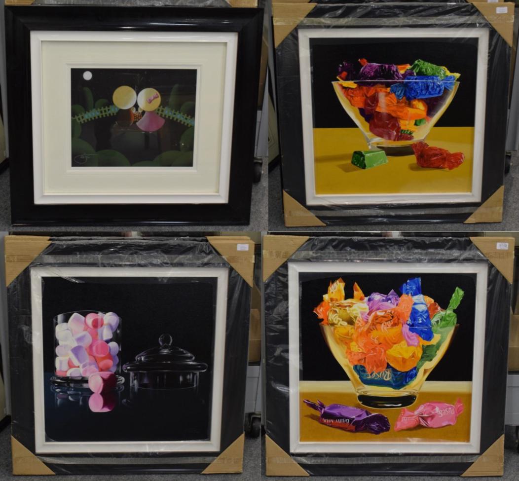 Lot 1110 - A.J Callan (b.1958) Scottish, glass bowl of chocolates, signed, oil on board; together with a glass