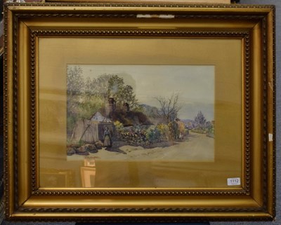 Lot 1112 - J W Clayton (19th century) Figures before a country cottage, signed, watercolour, 28.5cm by 44cm