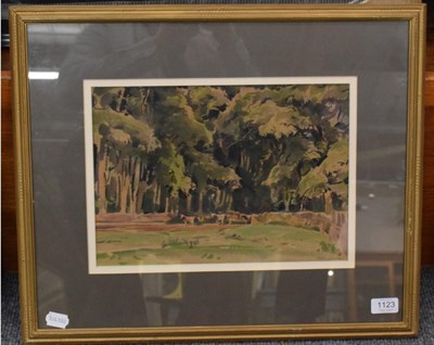 Lot 1123 - Fred Lawson (1888-1968), Cattle in landscape, signed, watercolour, 24.5cm by 34.5cm