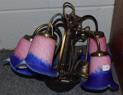 Lot 1133 - A five branch hanging ceiling light, with pink and blue glass shades
