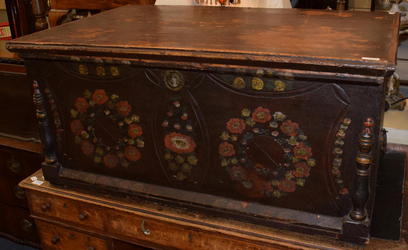 Lot 1170 - A Scandinavian pine chest painted with flowers, 112cm by 52cm by 69cm
