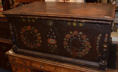 Lot 1170 - A Scandinavian pine chest painted with flowers, 112cm by 52cm by 69cm