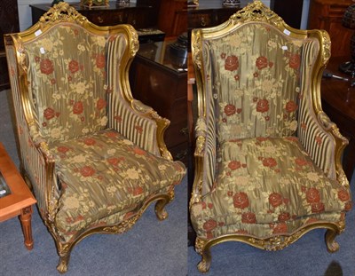 Lot 1205 - A pair of Louis XVI style gilt silk upholstered chairs