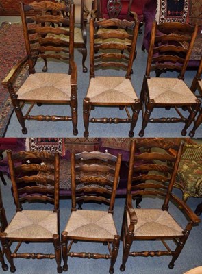 Lot 1212 - A set of six Titchmarsh & Goodwin ash and beech rush-seated ladder-back chairs, in the...