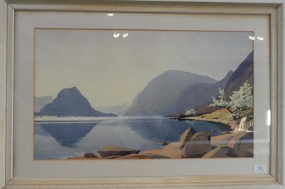 Lot 102 - William Heaton Cooper RI (1903-1995)  ''Sunrise in May, Crummock Water''  Signed, watercolour, 37cm