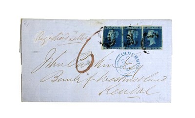 Lot 2160 - GB Cover With a Strip of 3 2d Blues