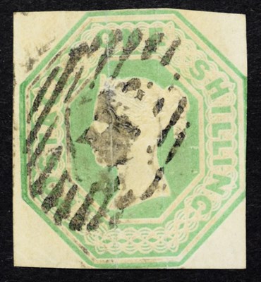 Lot 2167 - 1847-54 Embossed Green Shilling 4 margin Sg55 fine used example in folder. Comes in own...