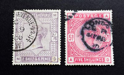 Lot 2169 - 1883 - 1884 Q.V Sg178 2/6d Lilac used with fine steel cds and Sg180 5/- used example.