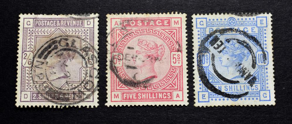 Lot 2172 - Sg178 2/6d Lilac. Sg179 5/- Rose. Sg180 10/- Ultramarine all used examples with good perfs and...